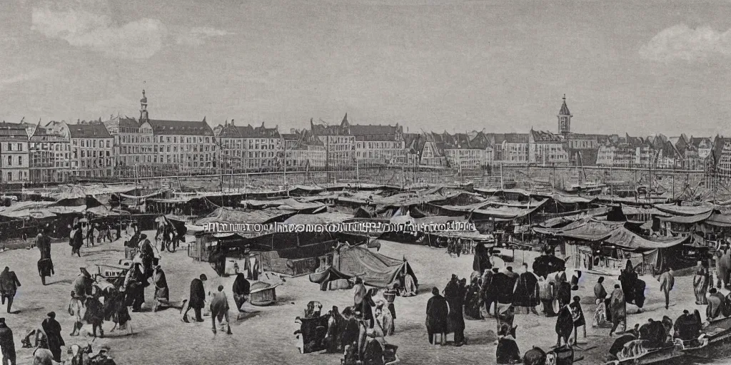 Prompt: 1 8 th century picture of the hamburg fischmarkt next to the river elbe, food stalls, vegetable stands, fishmongers, 1 9 0 0 s photography