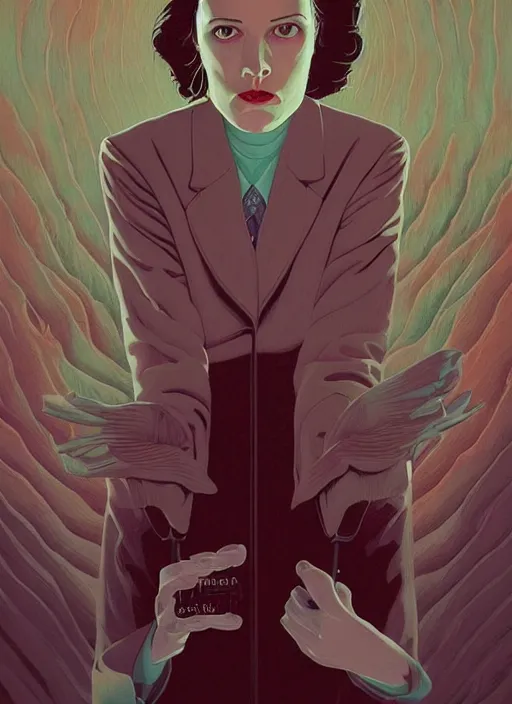 Prompt: Twin Peaks poster artwork by Michael Whelan and Tomer Hanuka, Karol Bak of portrait of teenage dream, from scene from Twin Peaks, clean, simple illustration, nostalgic, domestic