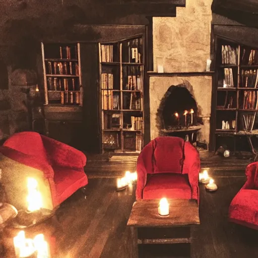 Prompt: A photograph of the Gryffindor common room, cozy arm chairs, a fire burning in the hearth, high ceilings, lit by many candles, light rays, magic aura, bloom, mysterious