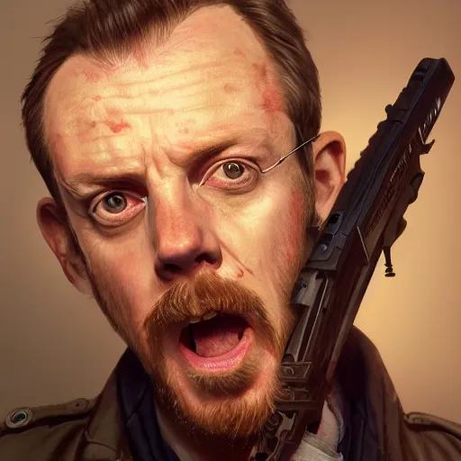 Image similar to simon pegg portrait, horror core, apocalyptic, winchester rifle, sharp focus, fiction, hyper detailed, digital art, trending in artstation, cinematic lighting, studio quality, smooth render, unreal engine 5 rendered, octane rendered, art style and nixeu and wlop and krenz cushart