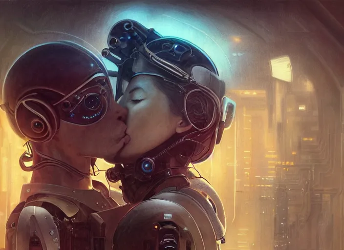 Image similar to ultra realistic medium shot of a couple of cyborgs kissing, lovers, cyberpunk, sci - fi, kodak, faces, colour led, soft light, volumetric lighting, fog, rays, night, rain, station, intricate detailed, digital painting, concept art, smooth, sharp focus, illustration, art by artgerm and greg rutkowski and alphonse mucha