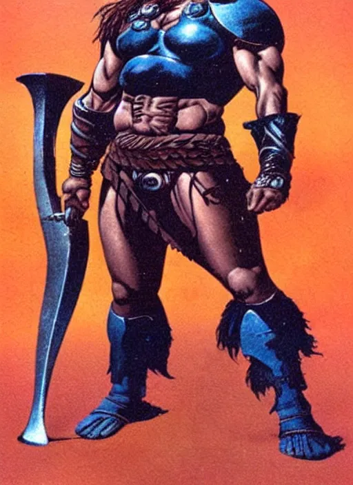 Prompt: a futuristic Conan the barbarian warrior in the art style of Boris Vallejo