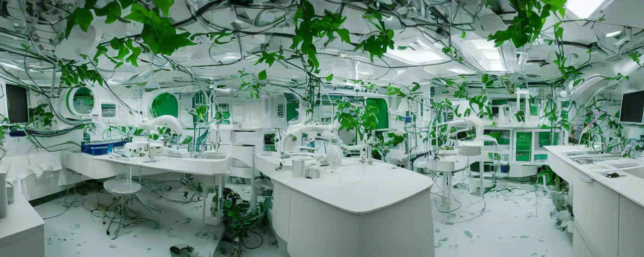 Prompt: Film still of a brightly lit white science lab on a space ship, white plastic, neutral lighting, water dripping, puddles, wet floor, green vines, tropical, Cinestill colour cinematography, anamorphic