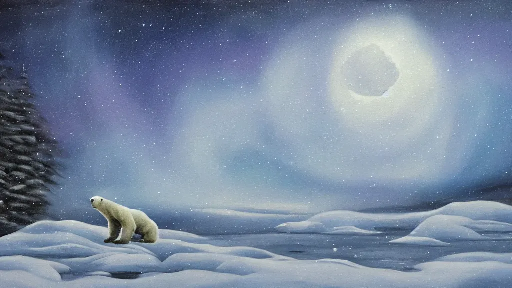 Image similar to an oil painting of a close - up polar bear traversing a snowy landscape at night, the northern lights and the moon are visible