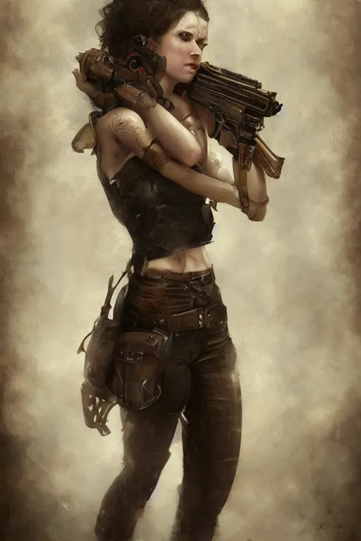 Prompt: a woman with a gun in her hand, a character portrait by Bastien Lecouffe-Deharme, cgsociety contest winner, gothic art, gothic, apocalypse art, steampunk