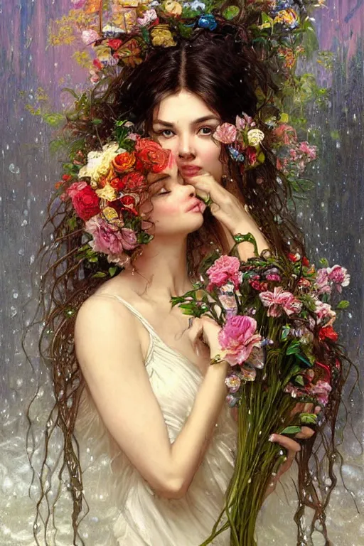 Image similar to portrait of a beautiful mysterious woman holding a bouquet of flowing flowers, wet dripping long hair, hands hidden under the bouquet, emerging from the water, fantasy, regal, intricate, by stanley artgerm lau, greg rutkowski, thomas kindkade, alphonse mucha, loish, norman rockwell