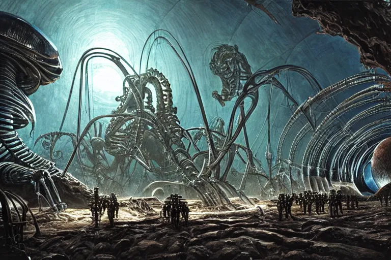 Image similar to Epic science fiction cavescape. In the foreground is soldiers in battle-armor searching, in the background alien machinery and alien eggs. The skeleton of a gigantic alien machine creature is between them. Stunning lighting, sharp focus, extremely detailed intricate painting inspired by H.R. Giger and Gerald Brom