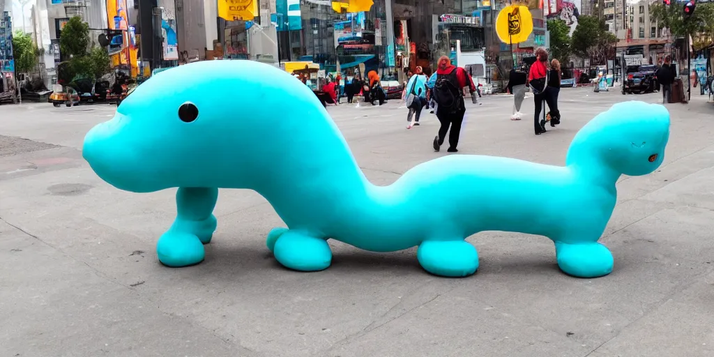 Image similar to huge turquoise wiener - shaped creatures walk around the city