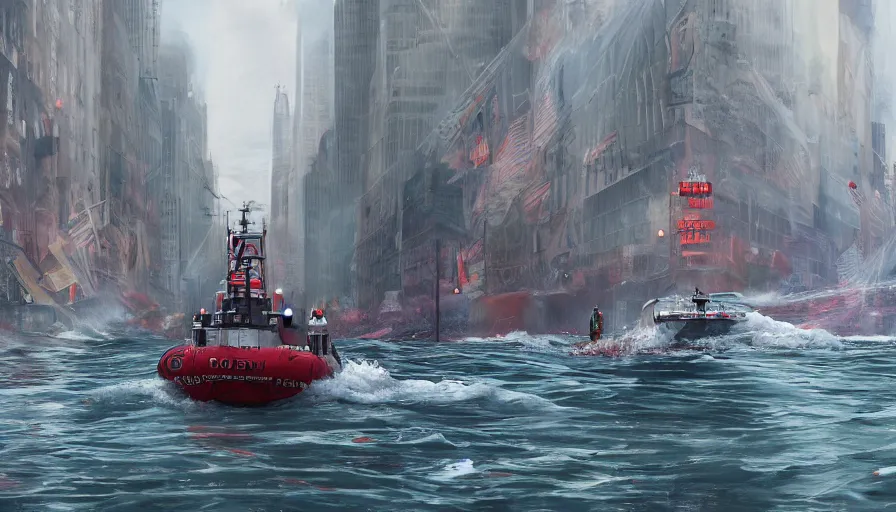 Image similar to rescue boat crossing new york streets after a tsunami, hyperdetailed, artstation, cgsociety, 8 k