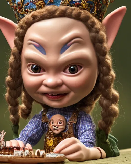 Image similar to highly detailed closeup, face profile portrait of a tin toy greta thunberg as a medieval goblin eating cakes in a castle, bikini, depth of field, nicoletta ceccoli, mark ryden, lostfish, dan decarlo, bob clampett, max fleischer, detailed and intricate environment, 8 k resolution, hyperrealistic, octane render