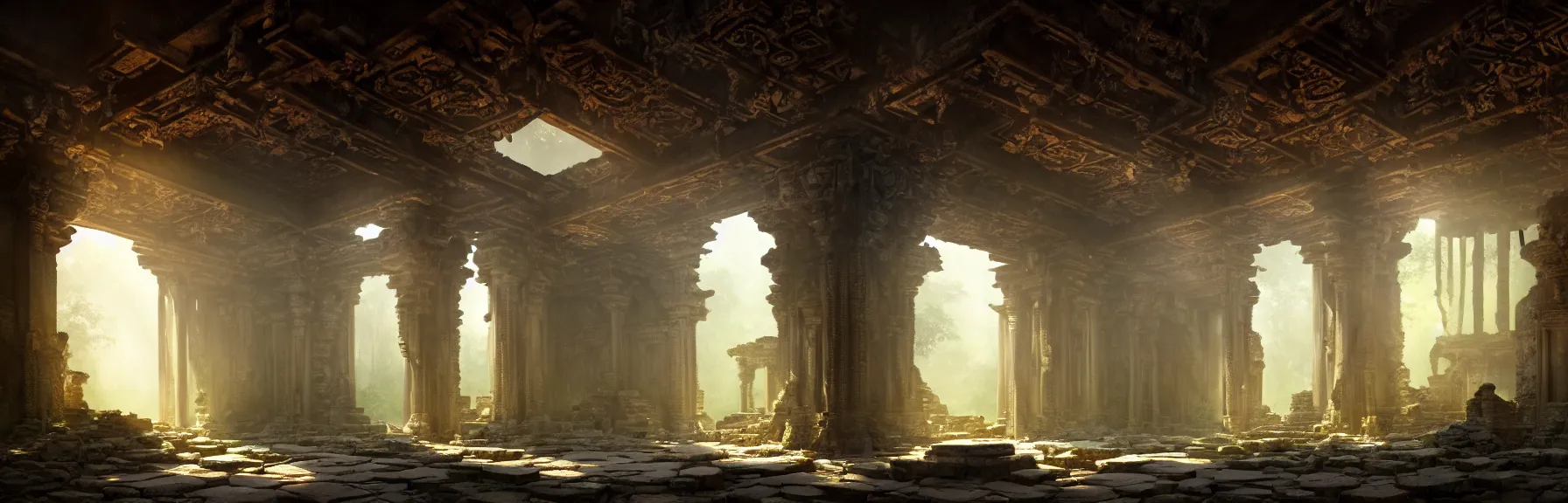 Image similar to The interior of an mystical ancient dilapidated temple in ruins amidst jungle, intricate runes chiseled on the walls, elegant chandelier hanging from the ceiling; volumetric lighting, digital painting, highly detailed, artstation, sharp focus, illustration, concept art, ruan jia, steve mccurry