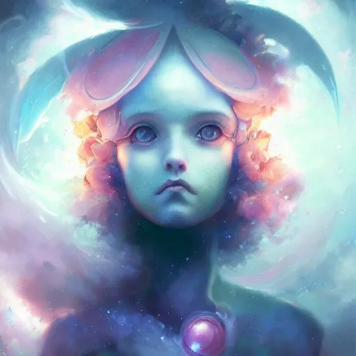 Image similar to face of a cute girl with eyes wide open, eyes like a cosmic nebula by peter mohrbacher and emmanuel shiu and martin johnson heade and bastien lecouffe - deharme