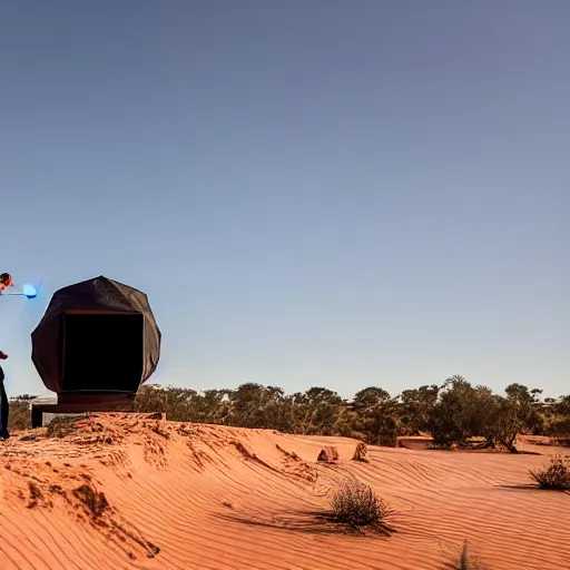 Image similar to robotic 3d printer printing a domed house frame in the australian desert, supervised by a group of three women, XF IQ4, 150MP, 50mm, F1.4, ISO 200, 1/160s, dawn