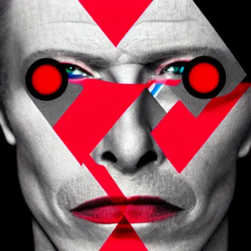 Prompt: David Bowie with red dots for eyes, album cover, vaporwave, glitch, cyberpunk, cyborg, highly detailed.