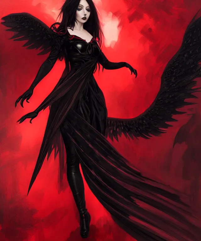 Image similar to Female dark angel in gothic red and black dress, their black wings are extended, highly detailed, digital painting, artstation, concept art, smooth, sharp focus, illustration, art by artgerm and greg rutkowski and alphonse mucha