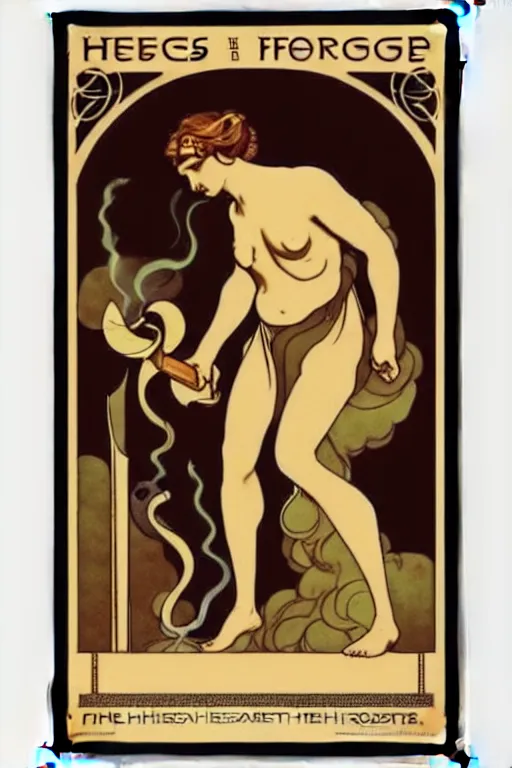 Image similar to art nouveau poster. hephaestus at the forge