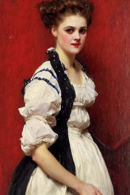 Image similar to Raimundo de Madrazo y Garreta and Solomon Joseph Solomon and Richard Schmid and Jeremy Lipking victorian genre painting full length portrait painting of a young beautiful woman traditional german french barmaid in fantasy costume, red background