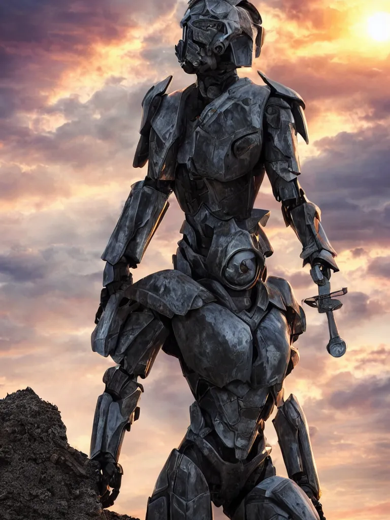 Image similar to emily blunt in futuristic power armor, close up portrait, solitary figure standing atop a pile of rubble, holding a sword on her shoulder, sunset and big clouds behind her