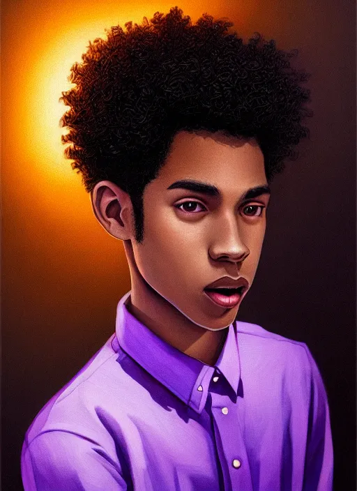 Prompt: portrait of lightskin black teenage boy, very short curly hair, very short hair, short hair, strong jawline, wide jaw, square jaw, smile, purple button up shirt, intricate, elegant, glowing lights, highly detailed, digital painting, artstation, concept art, smooth, sharp focus, illustration, art by wlop, mars ravelo and greg rutkowski