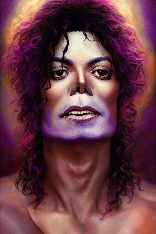 Image similar to A mystical mesmerizing 8k hyperrealistic Photo Portrait Michael Jackson transforming into a purple haze, soft, sharp focus, detailed, art by Greg Rutkowski and artgerm and Alphonse Mucha