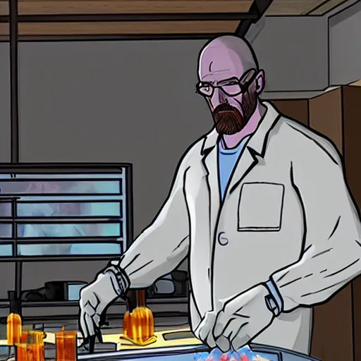 Image similar to gordon freeman as walter white synthesizing xen crystals in a meth lab