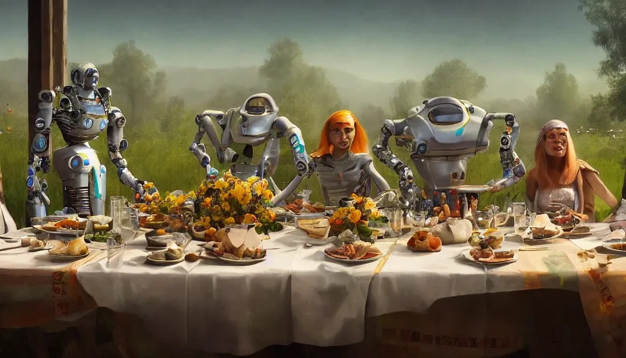 Image similar to a table dinner of robots where robots are dressed like the characters from the midsommar movie, realistic detailed digital art by maxwell boas jessica rossier christian dimitrov anton fadeev trending on artstation cgsociety rendered in unreal engine 4 k hq