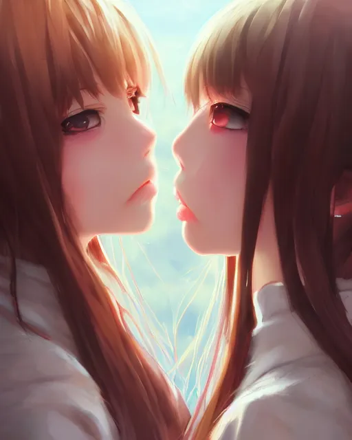 Image similar to portrait of two girls kissing, anime, drawn by WLOP, trending on Artstation