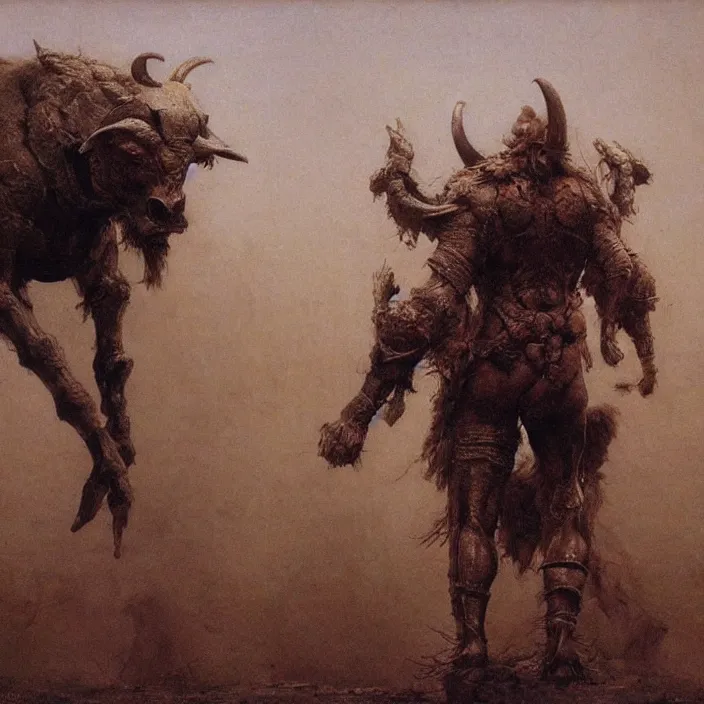 Image similar to minotaur warrior wearing ancient armor concept, beksinski, ruan jia