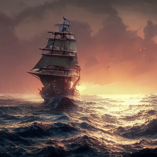 Prompt: a sunset and stormy sea with a giant pirate sailing-warship in style of Aivazovskiy, hypertealistic, high details, cinematic, 8k resolution, beautiful detailed, insanely intricate details, artstation trending, octane render, unreal engine,
