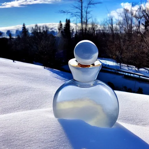 Image similar to perfume bottle artistically buried in the snow, sunny day, white clouds blue skies