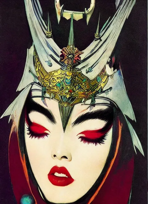 Prompt: svelt female korean vampiress, jeweled headdress, heavy mascara, strong line, saturated color, beautiful! coherent! by frank frazetta, high contrast, minimalism