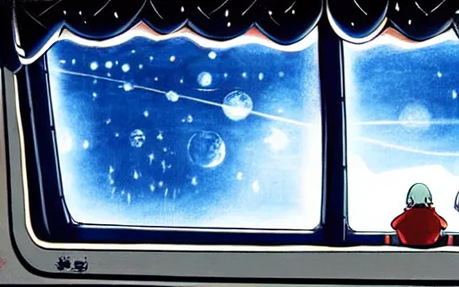 Image similar to a train with outer space visible through the window, art by hayao miyazaki, studio ghibli film, hi res, 4k, high detail