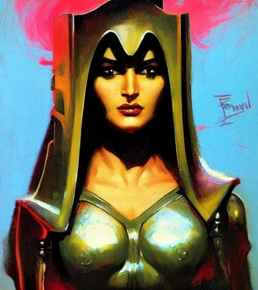 Image similar to portrait of junoesque iranian female chaos angel, beautiful! coherent! by frank frazetta, by brom, strong line, vivid neon color, shining metal power armor, iron helm, high contrast, maximalist