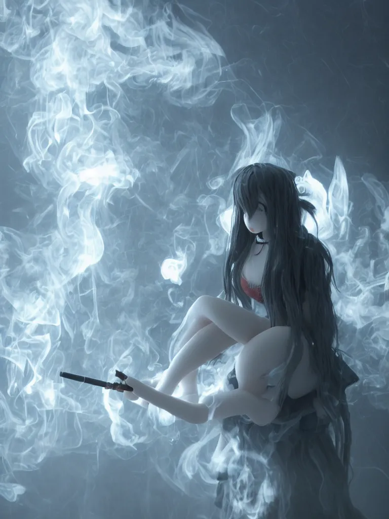 Image similar to cute fumo plush of a gothic maiden girl who is sullen and smoking a cigarette, rich dew rosegarden at dawn, swirling vortices of emissive smoke and volumetric fog, vignette, vray