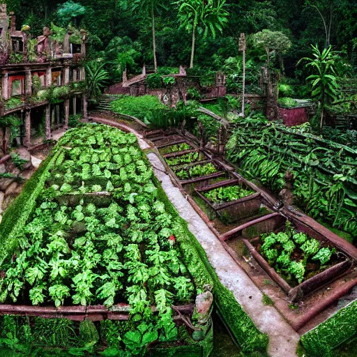 Image similar to highly detailed vegetable garden las pozas, lots of leaves, fence line, detailed. rule of thirds. intricate. sharp focus. wide angle. unreal engine 8 k. renaissance painting, wlop, cinematographer jim jarmusch, film noir