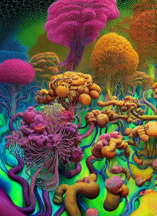 Prompt: hyper detailed 3d render like a Oil painting - the secret forest covered by a network of colorful yellowcake and aerochrome and milky Fruit , exotic flowers and a gossamer polyp blossoms bring iridescent fungal flowers whose spores black the foolish stars by Jacek Yerka, Mariusz Lewandowski, Houdini algorithmic generative render, Abstract brush strokes, Masterpiece, Edward Hopper and James Gilleard, Zdzislaw Beksinski, Mark Ryden, Wolfgang Lettl, Dan Hiller, hints of Yayoi Kasuma, octane render, 8k