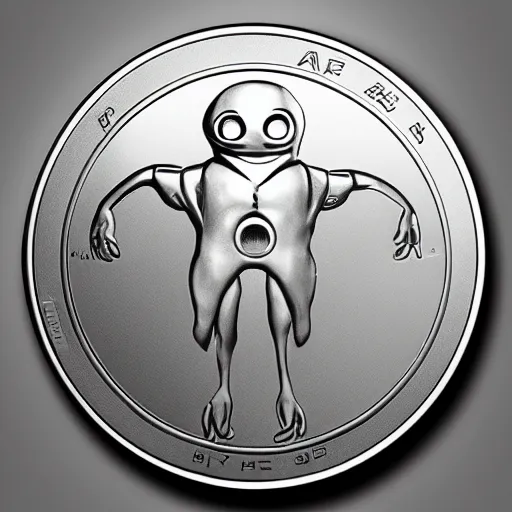 Prompt: gray alien silver coin