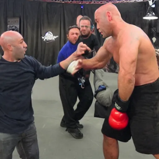 Prompt: joe rogan fighting a life sized gummy bear