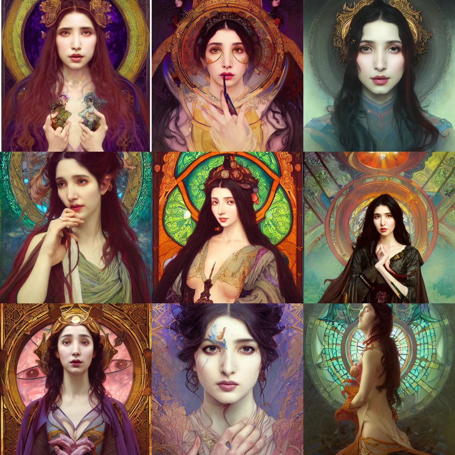 Prompt: masterpiece head-on symmetrical centered painted portrait, Mahira Khan as D&D Mage, wearing wizard robes, glowing stained glass backdrop, elegant, in the style of Ruan Jia and Artgerm and Edgar Maxence and Ross Tran and Alphonse Mucha and Ayami Kojima and Charlie Bowater and Greg Rutkowski and Karol Bak and Jean Delville, Art Nouveau, Pre-Raphaelite, Neo-Gothic, gothic, 8k, specular highlights, octane render