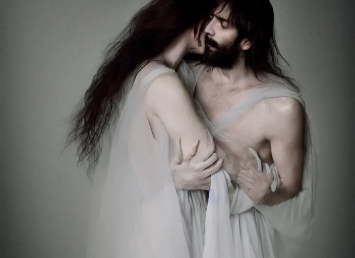 Prompt: couple, jesus hugging a woman, spirit hugs, in style of paolo roversi, britt marling style 3 / 4, a beautiful ethereal lace white robe, 8 k, soft focus, soft light, volumetric lighting, highly detailed realistic, refined, highly detailed, natural outdoor soft pastel lighting colors scheme