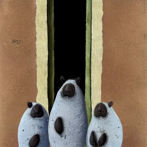 Image similar to An impressive mole with paws carved from stone and a healthy coat of fur is looking down upon three smaller moles huddled together in an open doorway. The large mole wears robes made of blue silk, and has a staff of white wood in his paws. The three small moles are clad in simple browns and grays. One of them holds out her paw to the large mole.