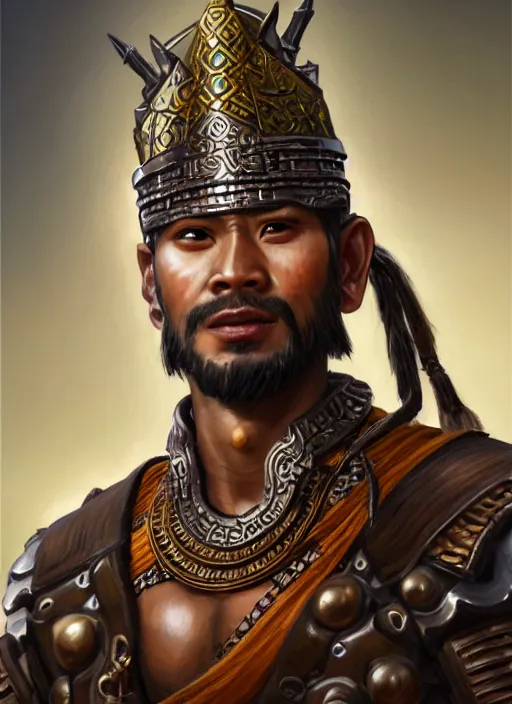 Prompt: smart tai warlord, closeup portrait, historical hero, ethnic group, sukhothai costume, bronze headset, intricate, with leather armor cross on bare chest, tai body tattoo, elegant, loin cloth, highly detailed, oil painting, artstation, concept art, matte, sharp focus, illustration, hearthstone, art by earl norem