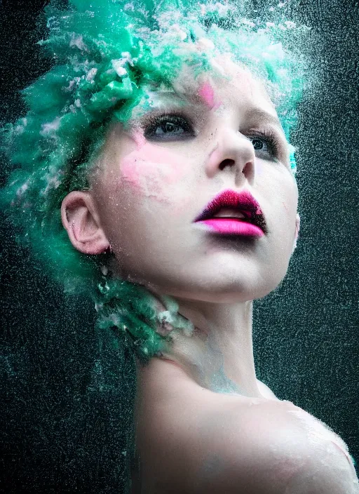 Prompt: a dramatic lighting photo of a beautiful young woman with cotton candy hair. paint splashes. moody, melanchonic. with a little bit of green and black