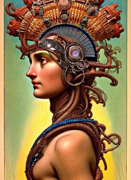 Prompt: hyperrealistic detailed face portrait of the beautiful goddess of the vulcanos with an intricate headgear of a beautiful erupting vulcano with landscape, art by ernst haeckel, john william godward, android jones, alphonso mucha, h. r. giger, gothic - cyberpunk, ornamental, dimmed pastel colours,