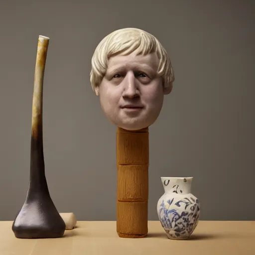 Prompt: beautiful studio photograph of a ceramics display with a portrait of boris johnson painted by hans holbein painted onto a tall angular stoneware vase with handles placed on a tablecloth on a wooden table, hyperrealism 8 k trending on artstation