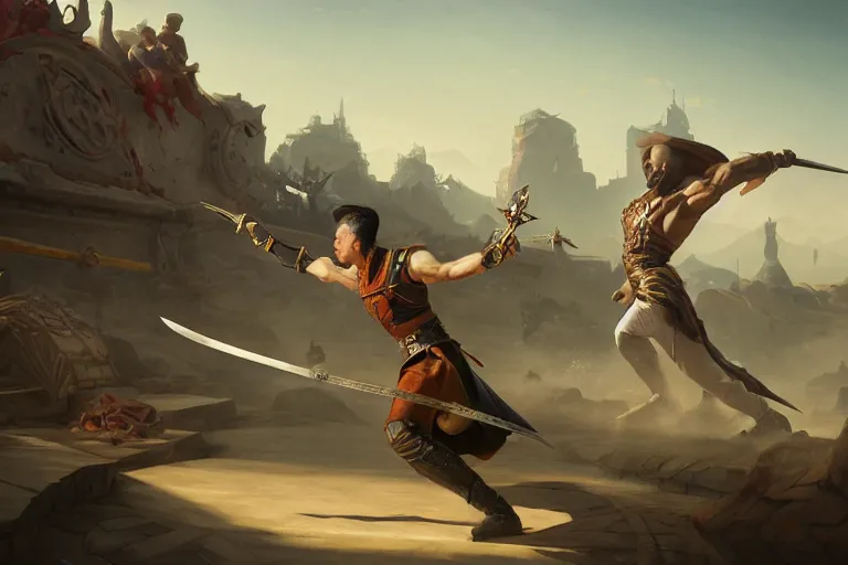 Image similar to a man with a sword charging sprint in an arena, organic painting, sunny day, matte painting, bold shapes, hard edges, street art, trending on artstation, by huang guangjian, gil elvgren, ruan jia, randy vargas, greg rutkowski