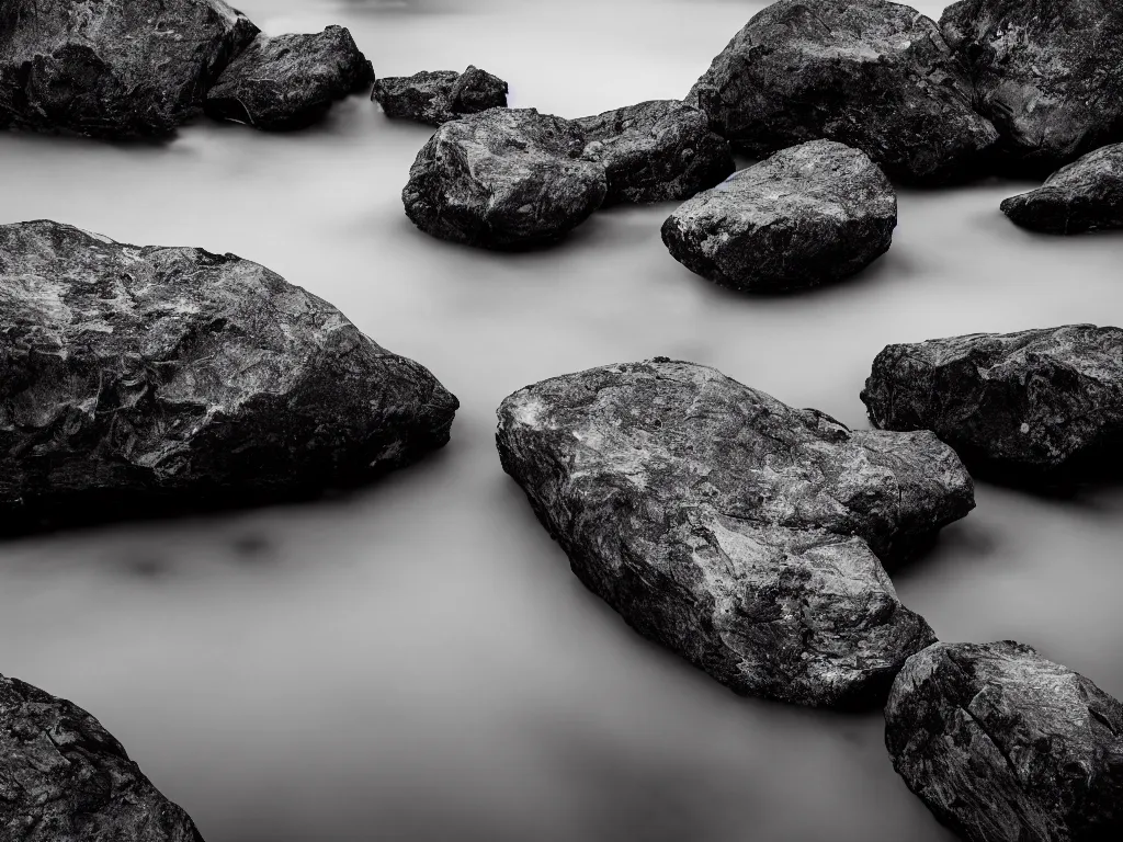 Image similar to a black and white wide-angle long exposure photograph of large rocks in water and cloudy sky, fine art photography