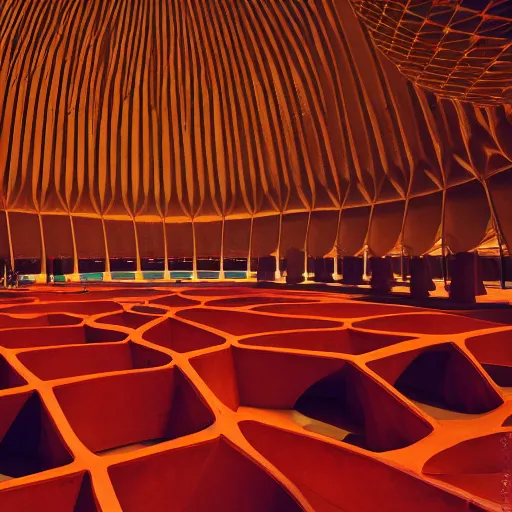 Image similar to interior of a futuristic lotus temple with gold, red and white marble panels, in the desert, by buckminster fuller and syd mead, intricate contemporary architecture, photo journalism, photography, cinematic, national geographic photoshoot