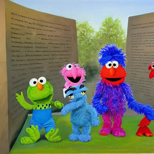 Image similar to Sesame Street characters at the Vietnam War Memorial, realistic, oil painting, by Russell Drysdale