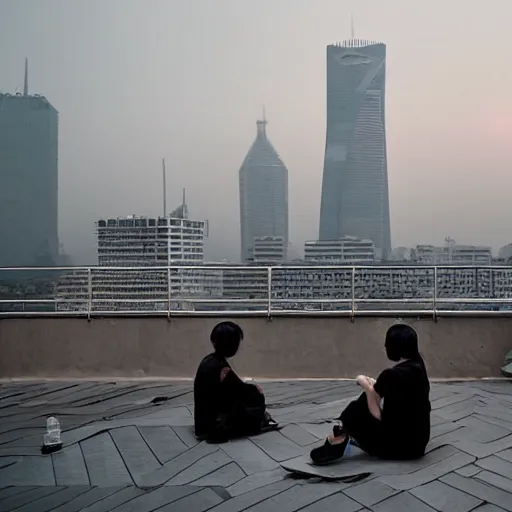 Image similar to a small rooftop with a couple of people sitting and watching the view, wearing black modern clothes, designed by rick owens, messy short hair, modern shanghai bund in smog is on the background, sunset, pale colors, by gregory crewdson